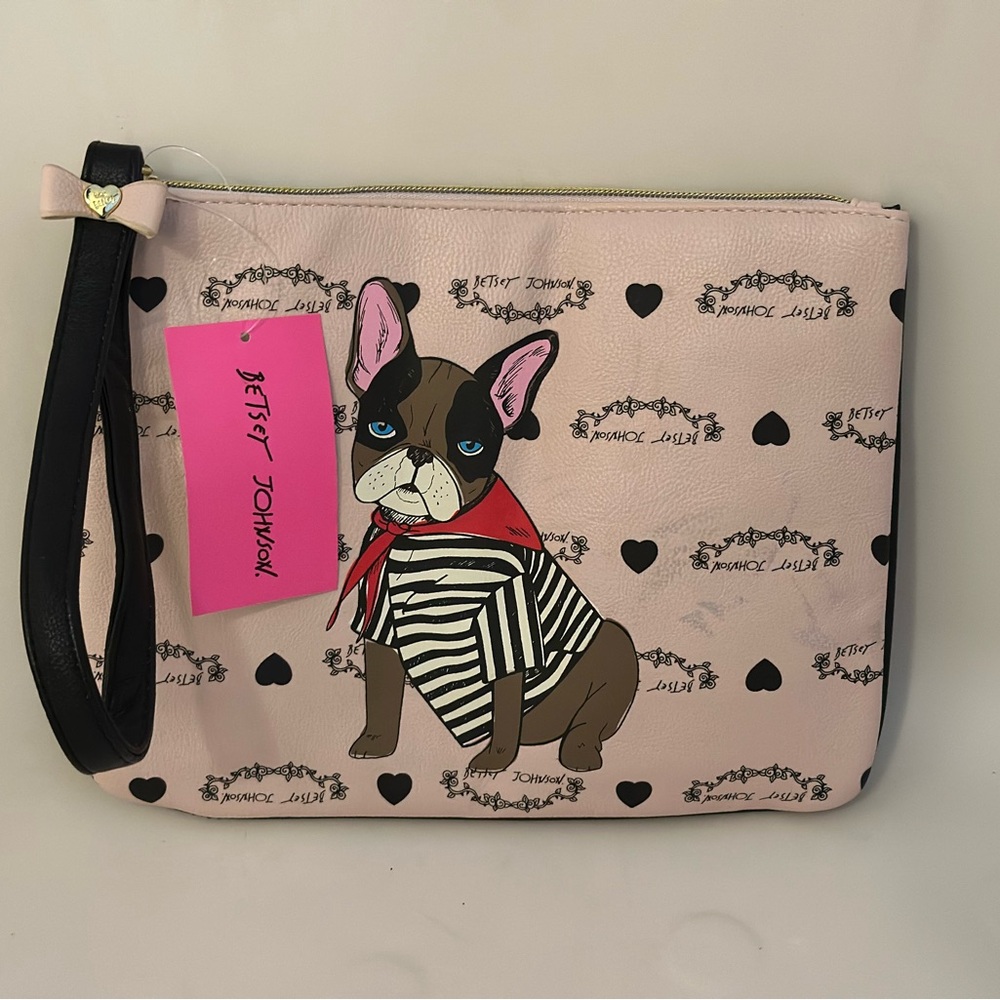 Betsey Johnson Pink and Black Dog Print Clutch